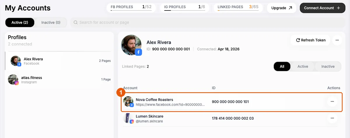 My Accounts page with the Nova Coffee Roasters Facebook Page connected