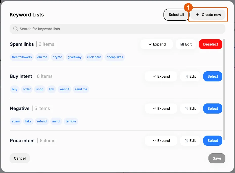 Keyword Lists dialog with the Create new button