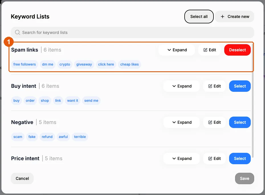 Keyword Lists dialog with the Spam links list