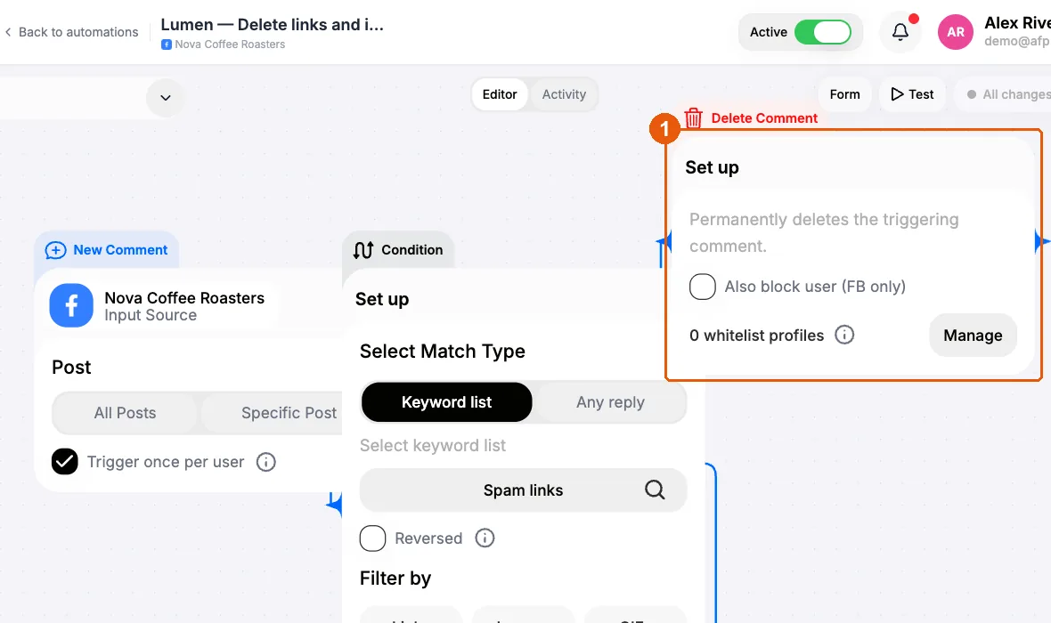 Delete Comment campaign on all posts with a keyword condition on the Match path