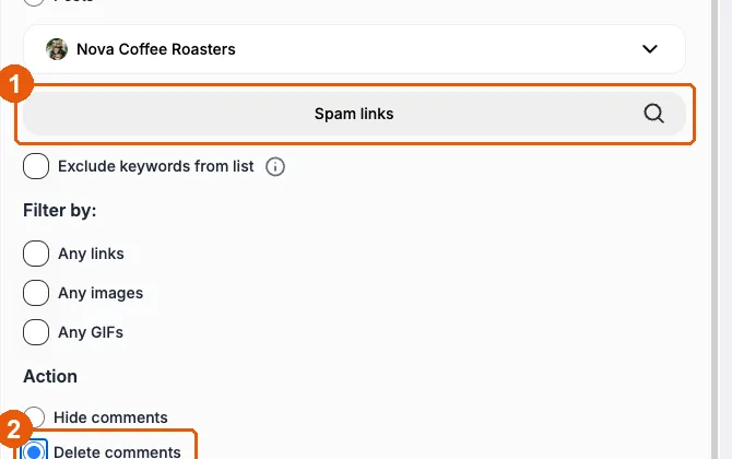 Cleaner set to delete comments that match the Spam links keyword list