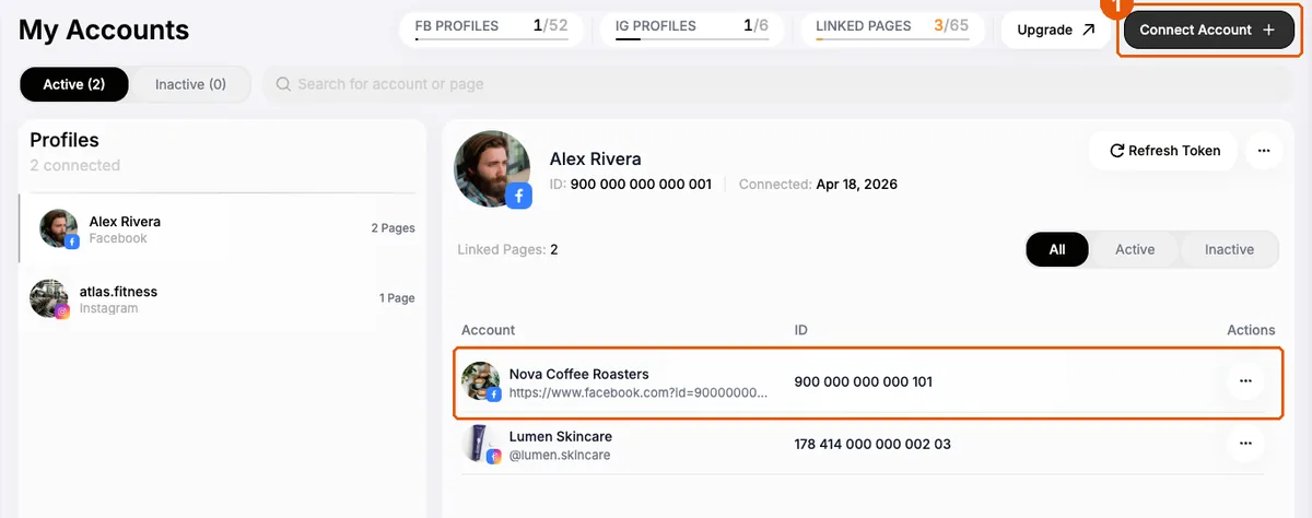 My Accounts page with the Nova Coffee Roasters Facebook Page linked and the Connect Account button