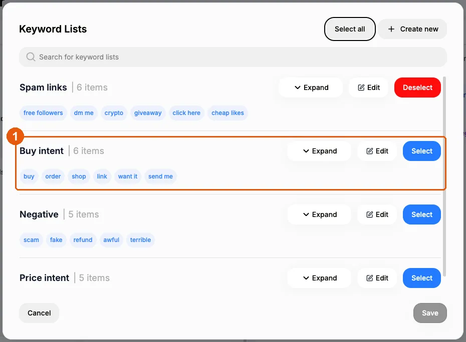 Keyword Lists dialog showing the Buy intent list with its keywords