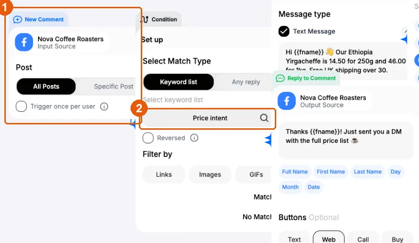 New Comment trigger set to All Posts, connected to a Condition node that matches a keyword list