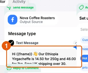 Send Message node with a text DM that uses the first name variable