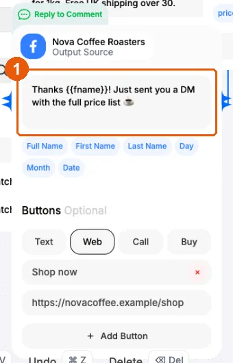 Reply to Comment node with a public reply that tells the commenter a DM is on the way