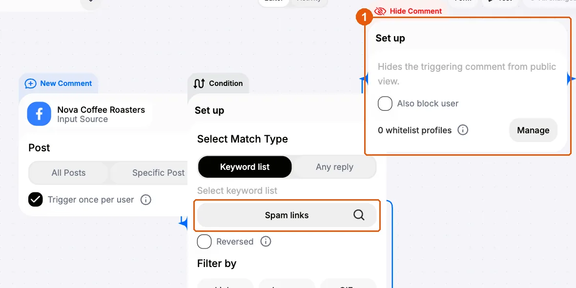 Hide Comment campaign on all posts with the Spam links keyword list and the Match path