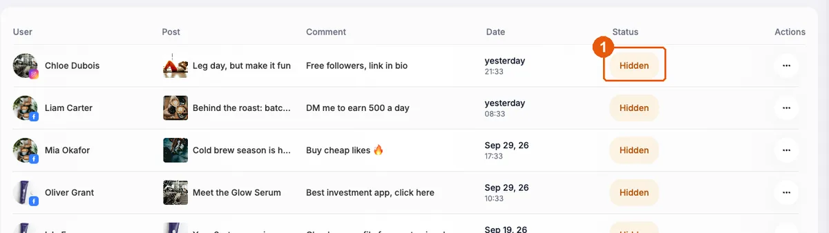 Activity page filtered to Hidden comments