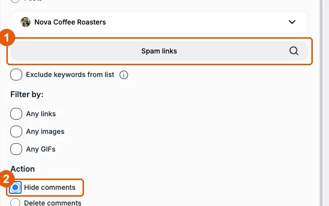Spam links anahtar kelime listesiyle yorumları gizlemek için ayarlanmış Cleaner