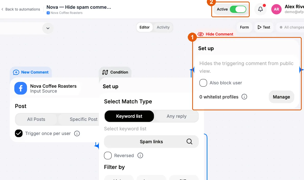 Hide campaign with a New Comment trigger on all posts, a Condition on Spam links, and a Hide Comment node